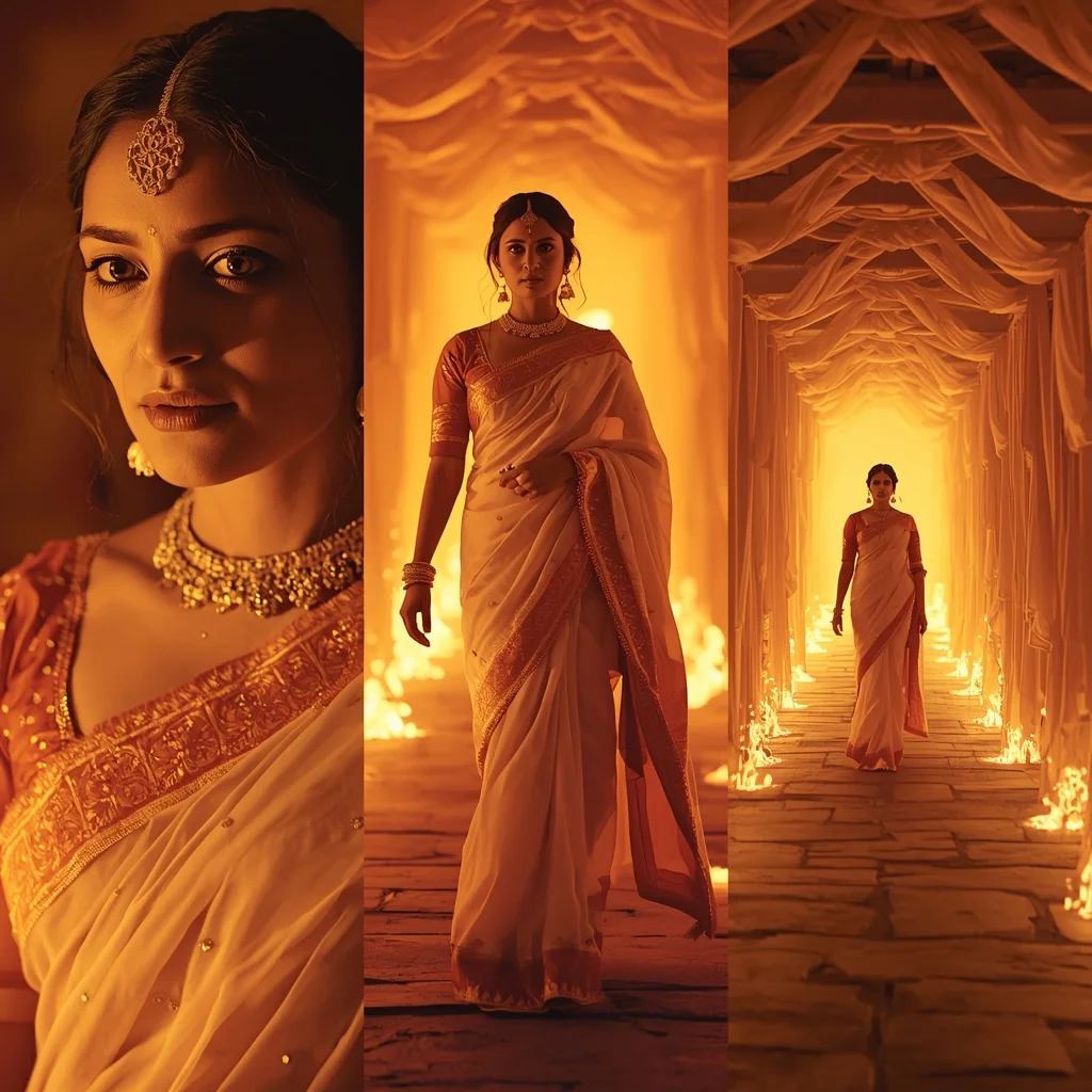 Festive Pastel Saree Solar Silk Flame Corridor Collage | Radiant Passage Empress Prompt | Saree Reel Ai Prompt AI Prompt