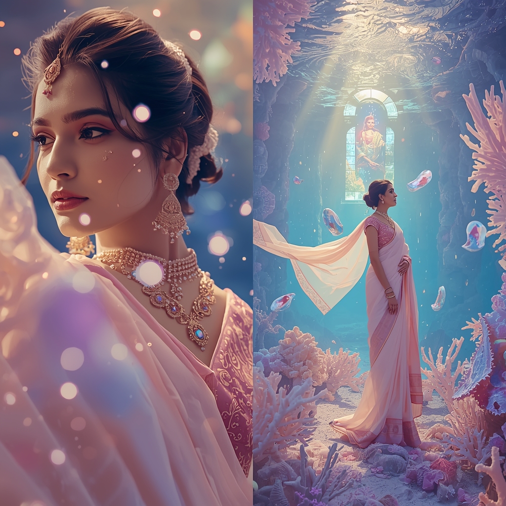 Festive Pastel Saree Underwater Cosmic Coral Cathedral Collage | Aquatic Divine Prompt | Aesthetic Saree Ai Prompt AI Prompt