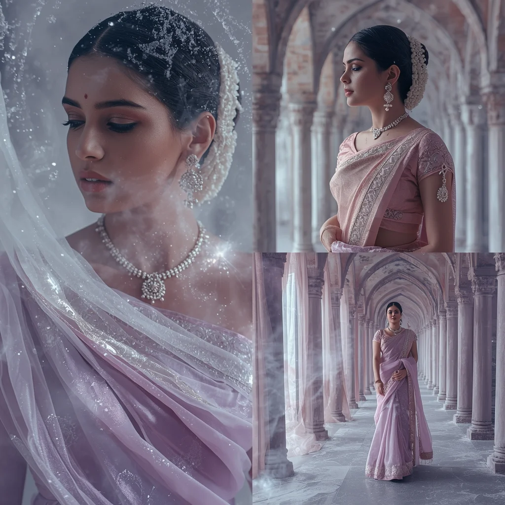 Festive Pastel Saree Velvet Frost Nebula Cloister Collage | Silent Cosmic Grace Prompt | Ai New Prompt Generator AI Prompt
