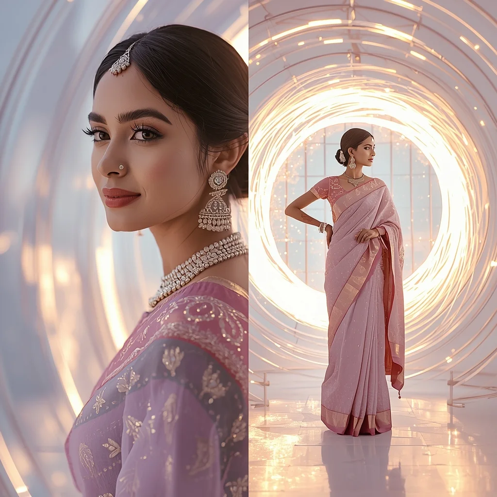 Festive Saree Crystal Light Cage Tunnel Collage | Gentle Spiral Prompt | Saree Whatsapp Dp Ai Prompt AI Prompt