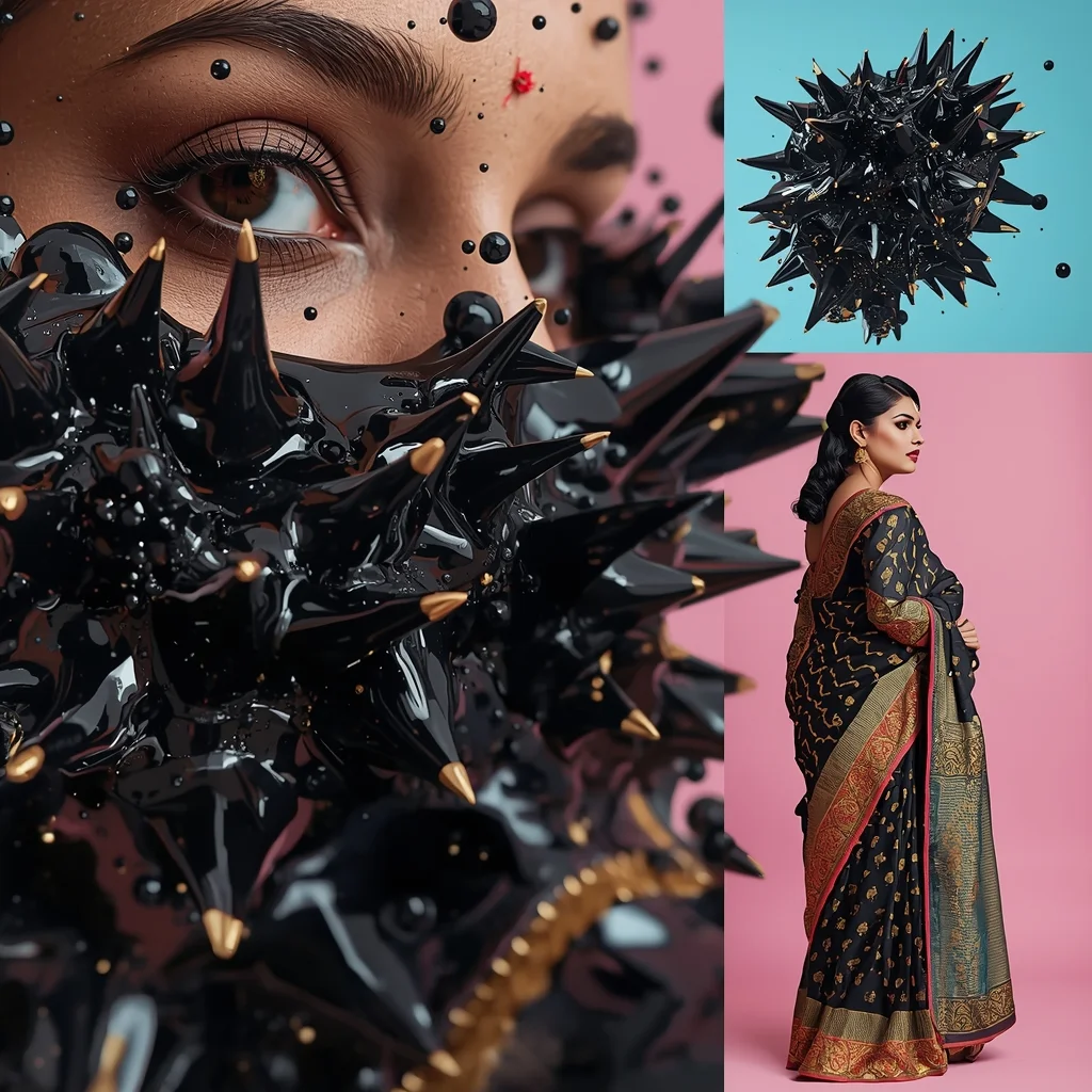 Festive Saree Ferrofluid Magnetic Sculpture Collage | Dark Matter Prompt | Prompts For Saree Look AI Prompt