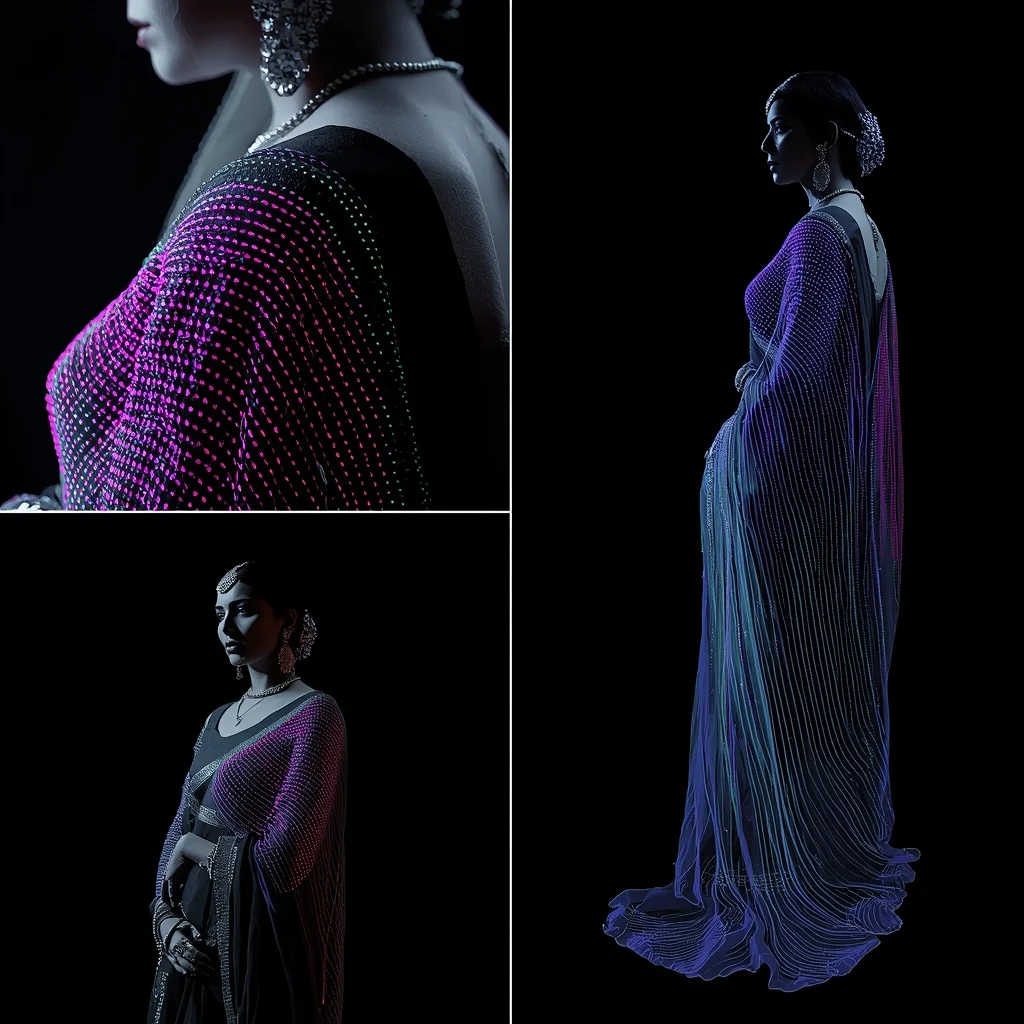 Festive Saree Fiber-Optic Zardosi Weave Collage | Cyber-Couture Prompt | Saree Girl Dp Ai Prompt Ultra Hd AI Prompt