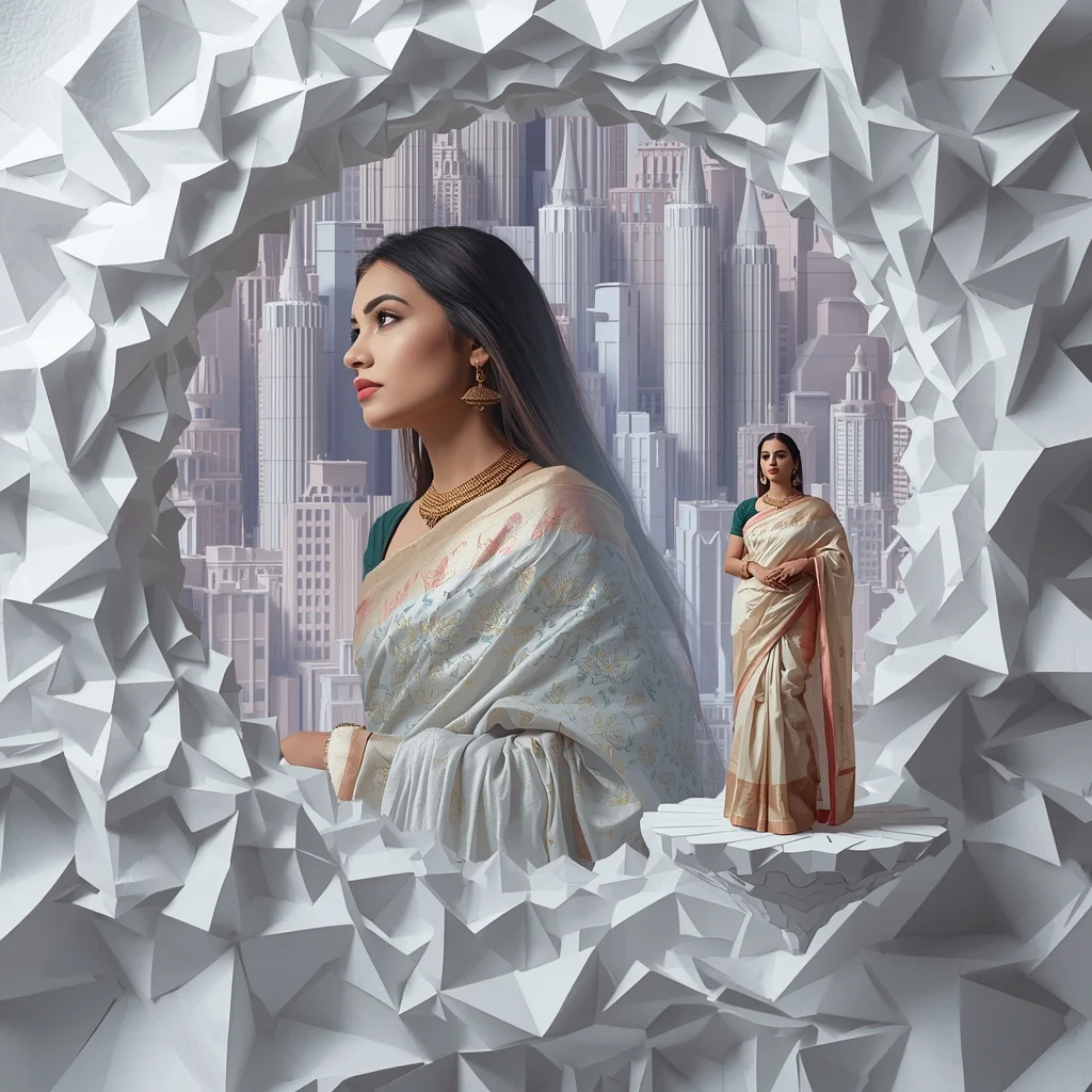 Festive Saree Floating Origami Megacity Collage | Paper Architecture Prompt | New Ai Prompt Chatgpt AI Prompt