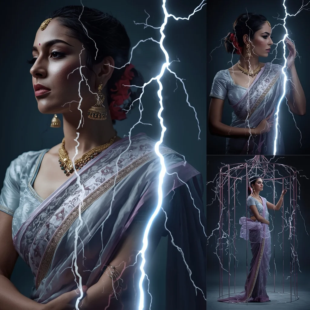 Festive Saree Frozen Lightning Strike Collage | High-Voltage Elegance Prompt | Saree Prompt For Gemini AI Prompt