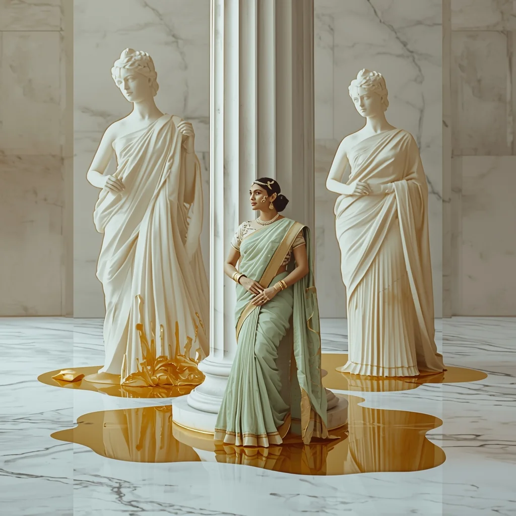 Festive Saree Liquid Gold Marble Melting Collage | Sculptural Dissolve Prompt | Saree Whatsapp Dp Ai Prompt AI Prompt