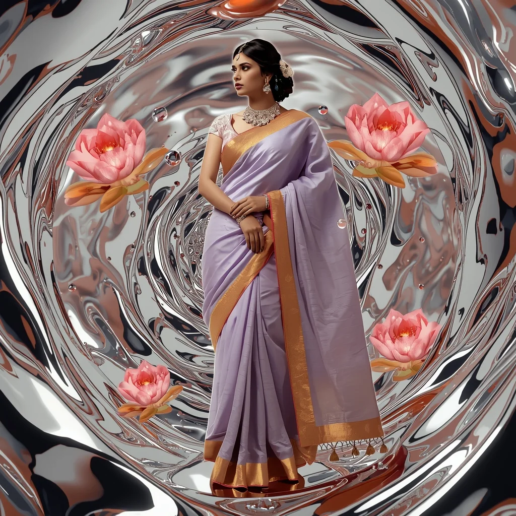 Festive Saree Liquid Mercury Lotus Vortex Collage | Chrome Fluidity Prompt | Gemini Girl Photo Prompt Indian Style Instagram AI Prompt