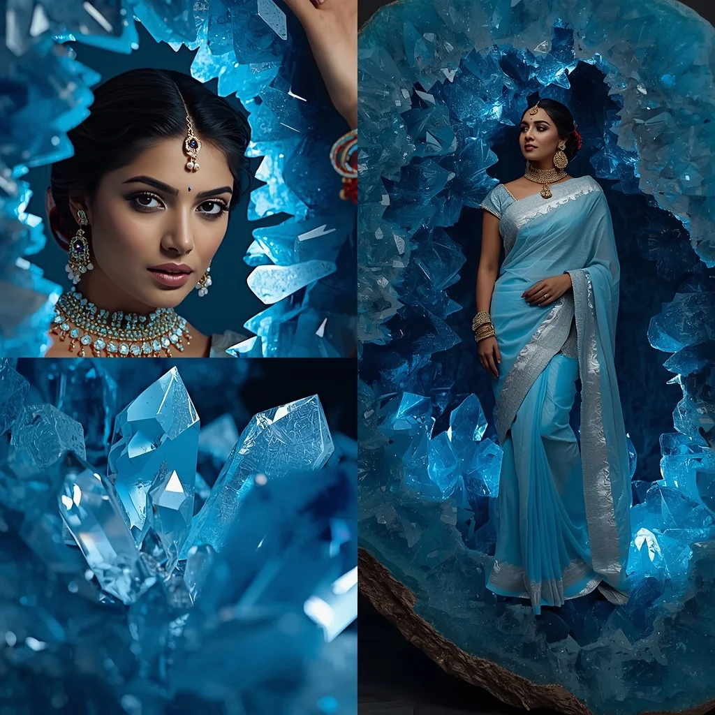 Festive Saree Liquid Sapphire Geode Collage | Crystal Cavern Opulence Prompt | Aesthetic Saree Ai Prompt AI Prompt