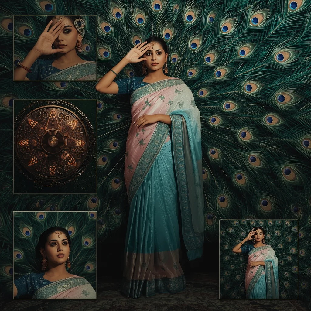 Festive Saree Majestic Peacock Mandala Collage | Hypnotic Plume Prompt | Saree Woman Ai Prompt AI Prompt