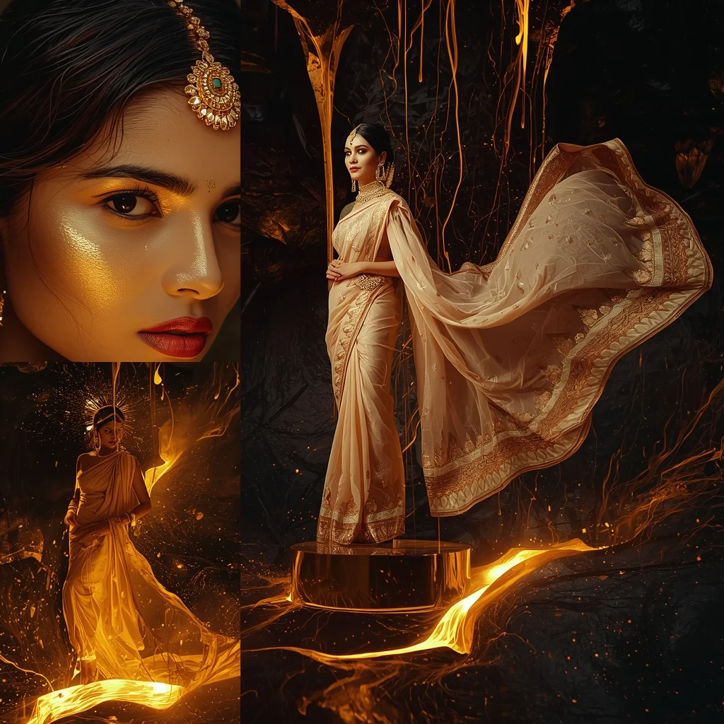 Festive Saree Molten Gold Obsidian Cavern Collage | Volcanic Luxury Prompt | Trending Prompt For Gemini Ai Girl AI Prompt