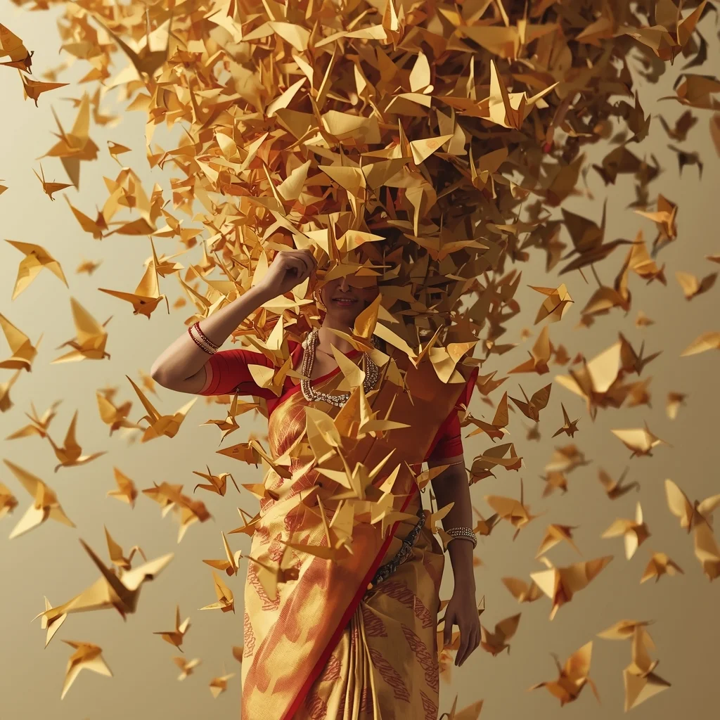 Festive Saree Origami Crane Tornado Collage | Paper Magic Aesthetic Cinematic Viral Prompt | Gemini Girl Photo Prompt Saree AI Prompt