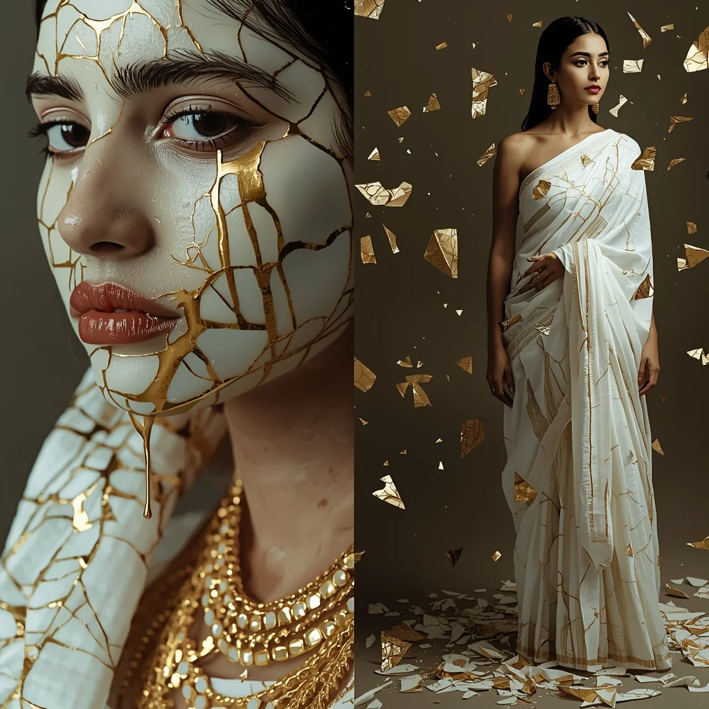 Festive Saree Porcelain Kintsugi Shatter Collage | Fragile Gold Aesthetic Cinematic Viral Prompt | New Prompt Girl AI Prompt