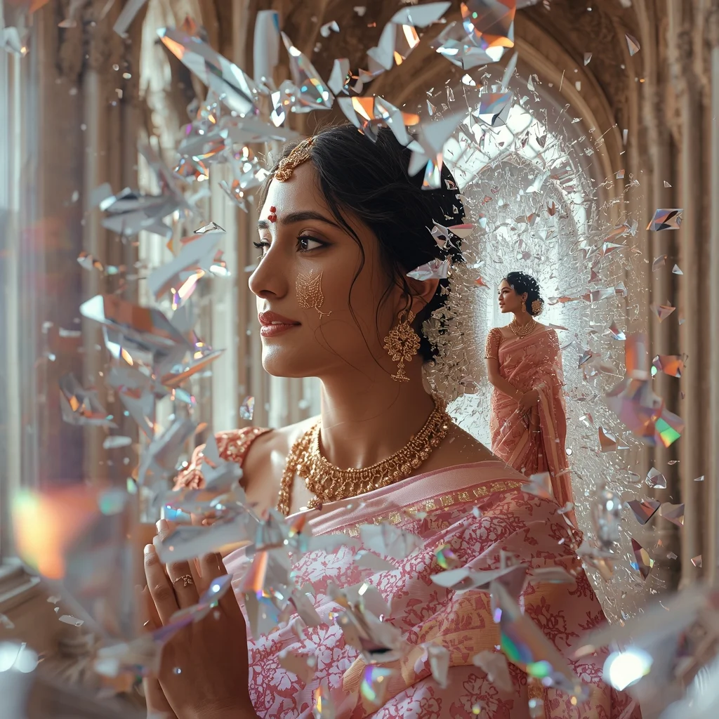 Festive Saree Shattered Reality Prism Cathedral Collage | Divine Light Prompt | Stylish Prompt For Girls AI Prompt