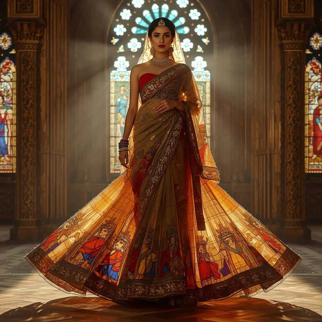 Festive Saree Stained Glass Cathedral Collage | Wearable Architecture Aesthetic Cinematic Viral Prompt | Prompt For Gemini Ai Girl In Saree 2026 Download AI Prompt
