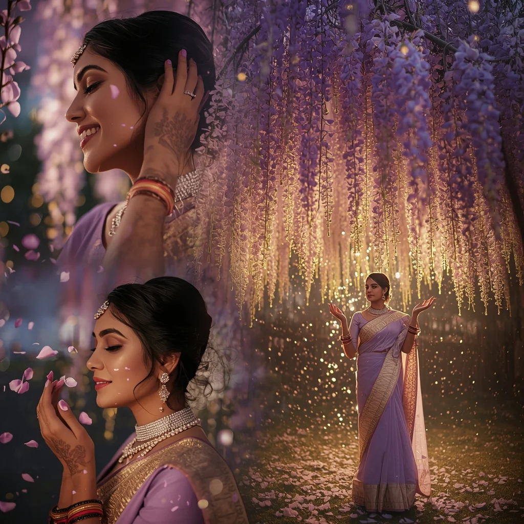 Festive Saree Weeping Wisteria Light Collage | Botanical Glow Prompt | Indian Bride Saree Ai Prompt AI Prompt