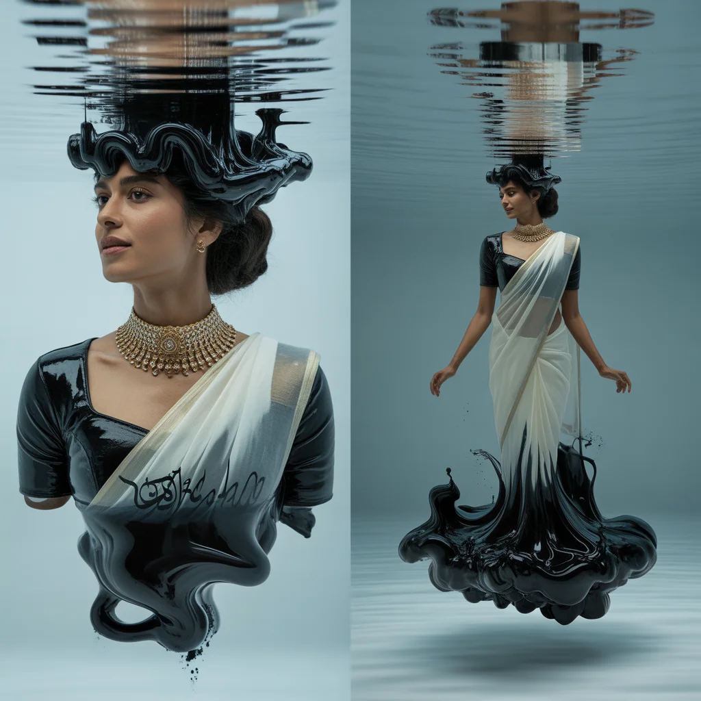 Festive Saree Zero-G Ink & Water Collage | Liquid Calligraphy Aesthetic Cinematic Viral Prompt | Prompt For Gemini Girl Style Trending AI Prompt
