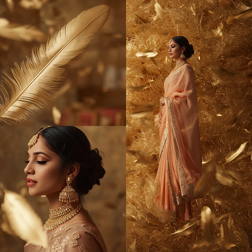 Festive Saree Zero-G Metallic Feather Storm Collage | Floating Gold Prompt | Saree Look Ai Prompt Modern Style AI Prompt