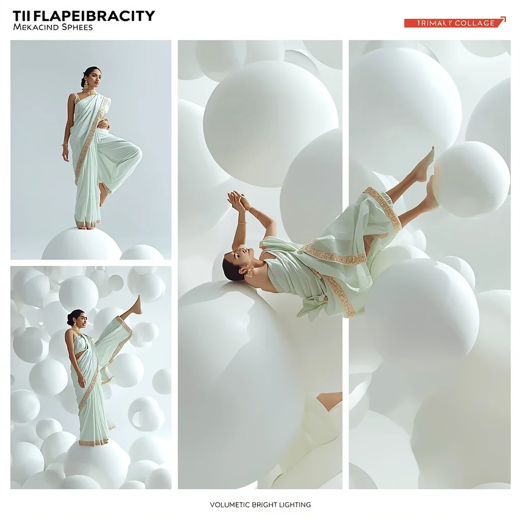 Floating White Ceramic Spheres Brilliant Daylight Saree Storyboard Presentation Layout | Saree Pose Ai Prompt For Image Generation AI Prompt