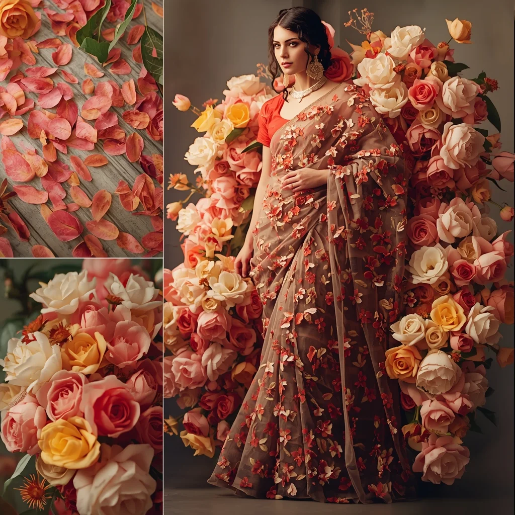Flower Bloom Saree Explosion Collage | Nature Luxury Fusion Prompt | Saree Prompt For Gemini AI Prompt