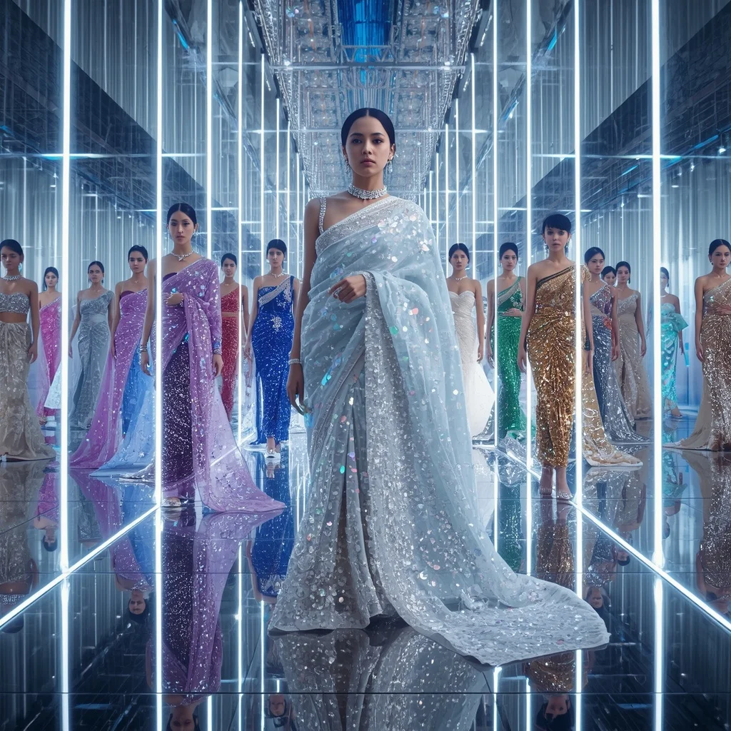 Frozen Diamond Celestial Infinity Empress Saree with Reflective Fashion Poses and Aurora Crystal Hyperpalace | New Design Ai Prompt AI Prompt