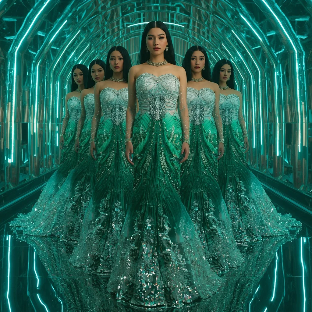 Frozen Emerald Prism Saree with Multi Motion Fashion Frames and Aurora Infinity Citadel | Instagram Profile Pic Ai Prompt AI Prompt
