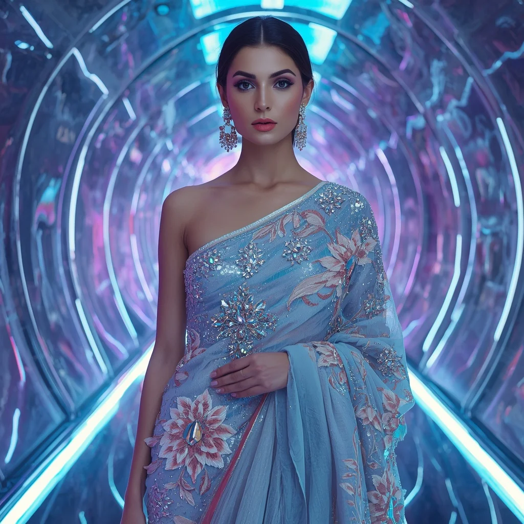 Frozen Lotus Metallic Saree with Floating Neon Pathway | Face Ai Prompt