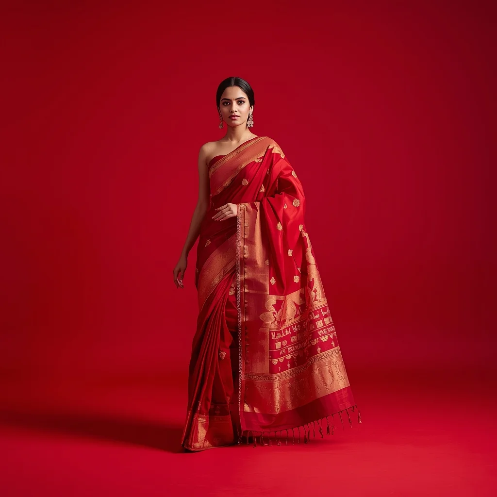 Full Body Crimson Red Studio Confident Strut with Thermo-Chromatic Aura Saree | Gemini Saree Prompt For Girl AI Prompt