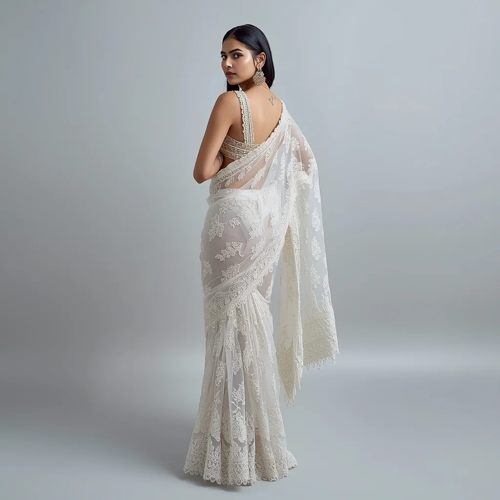 Full Body Crisp Silver Studio Over the Shoulder with Porcelain 3D Printed Lace Saree | Saree Prompt Text To Image AI Prompt