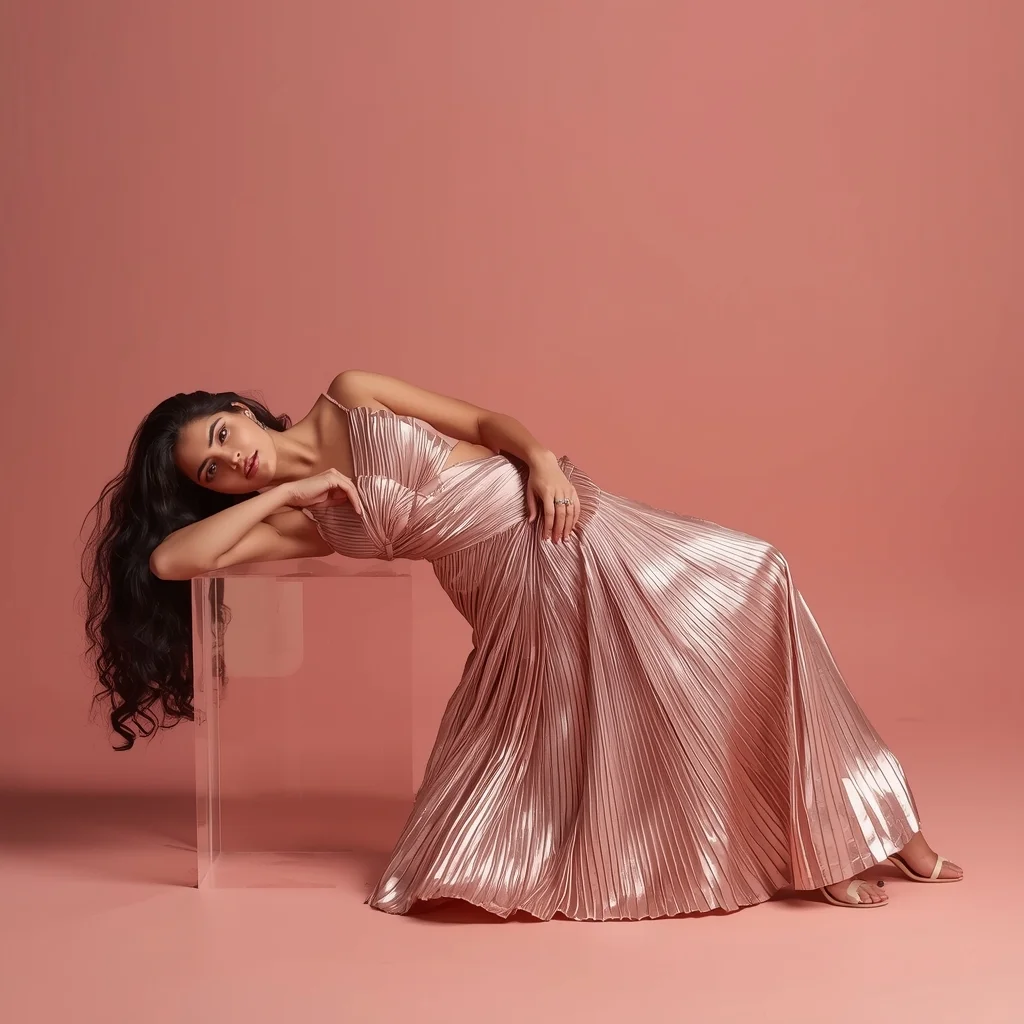 Full Body Dusty Rose Studio Resting Pose with Extravagant Titanium Micro-Pleat Saree | New Viral Prompt