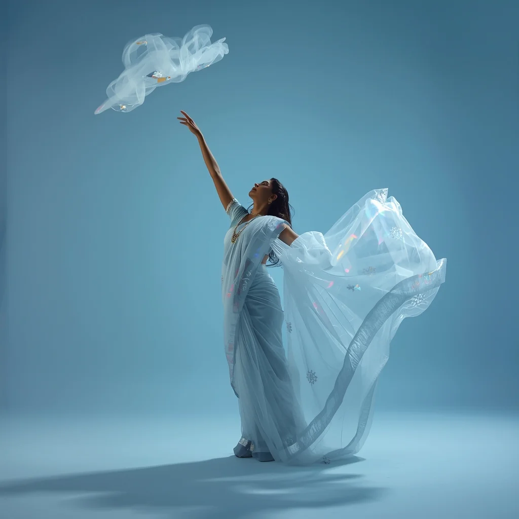 Full Body Frost Blue Studio Catching Pallu with Aerogel Cloud Smoke Saree | Gemini Ai Photo Prompt Copy Paste Trending Girl 2026 AI Prompt