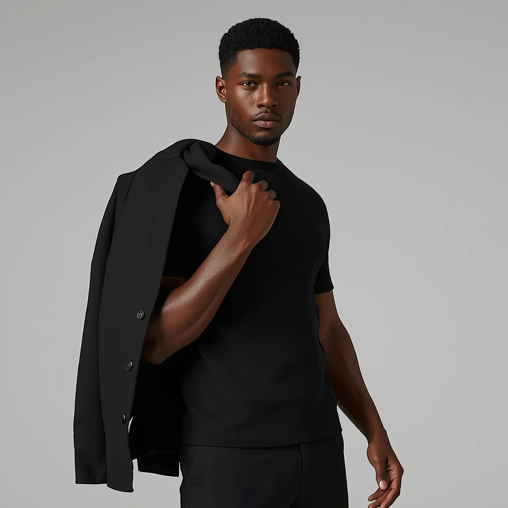 Full Body Jacket Shoulder Carry Pose with Effortless Masculine Cool | Photo Prompt AI Prompt