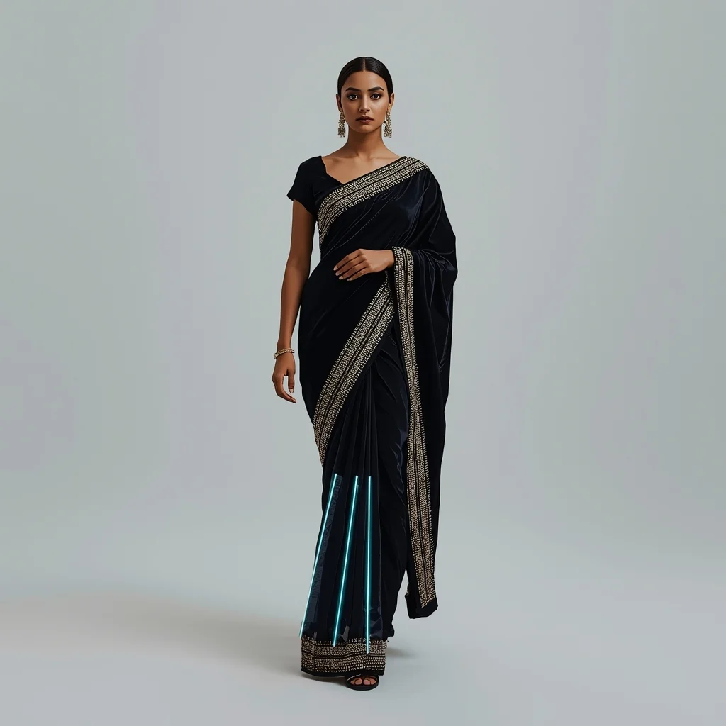 Full Body Matte Platinum Studio Regal Walk with Vantablack & Neon Laser Saree | Prompt For Saree For Wedding In English AI Prompt