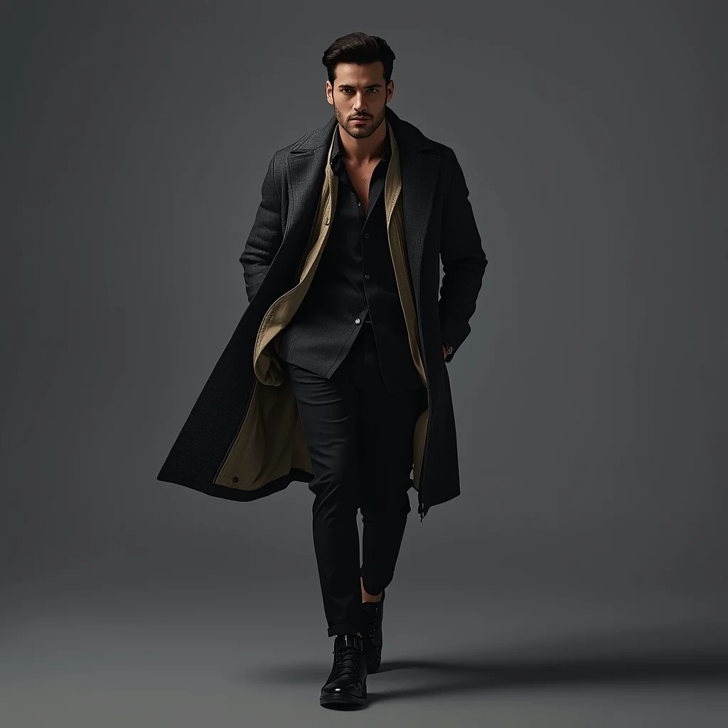 Full Body Mid Walk Coat Swing Pose with Cinematic Masculine Motion | Gemini Ai Photo Prompt AI Prompt