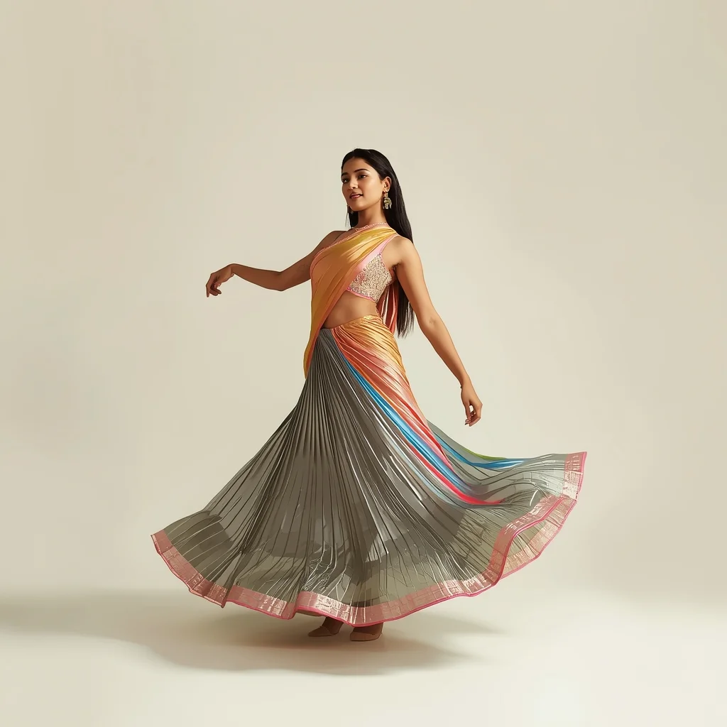 Full Body Pure Ivory Studio Playful Spin with Chromatic Sculpted Glass Saree | Beautiful Girl Prompt Generator AI Prompt