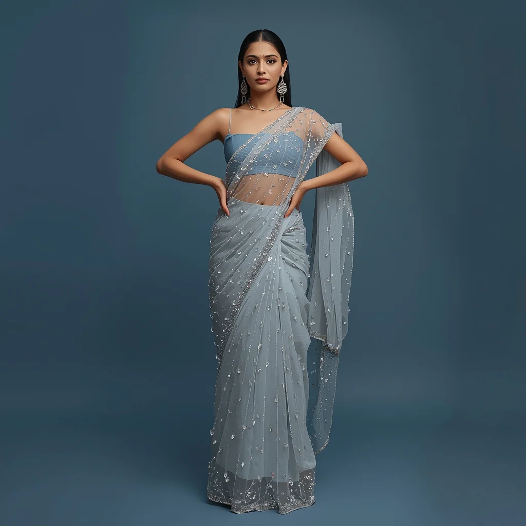 Full Body Slate Blue Studio Hands on Hips with Micro-Diamond Rain Saree | Free Prompt Text AI Prompt