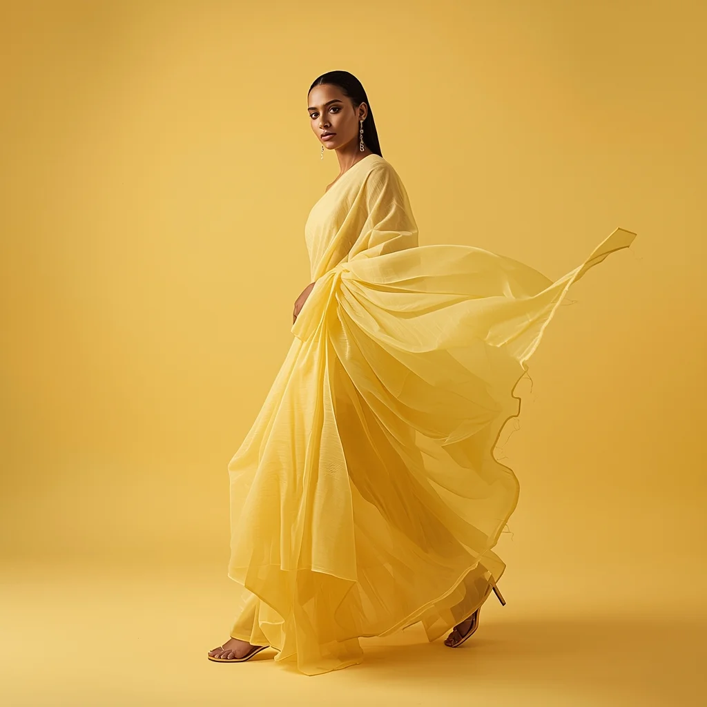 Full Body Soft Lemon Studio Dynamic Walk with Ethereal Smoke-Infused Chiffon Saree | Instagram Prompt For Girls In Saree