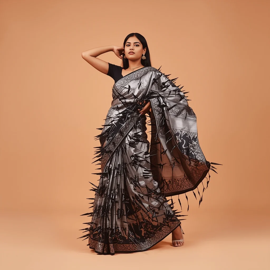 Full Body Soft Peach Studio Power Pose with Ferrofluid Magnetic Spikes Saree | New Prompt Photo Editor AI Prompt