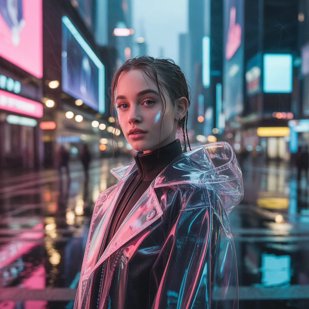 Futuristic Neon Cyberpunk Girl in Rainy Night Cityscape | Instagram Profile Pic Ai Prompt AI Prompt
