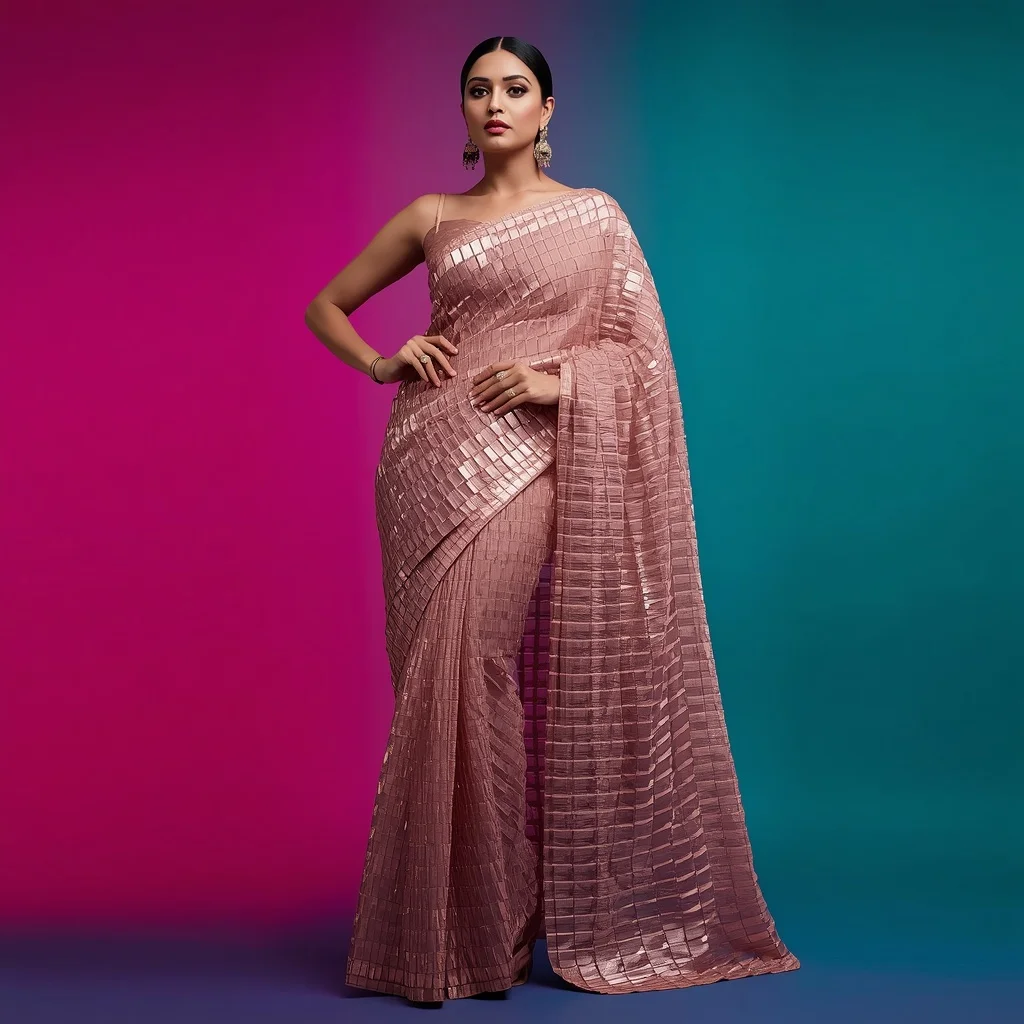Glamorous Festive Saree Poses: Rose Gold Mesh with Giant 3D Diamond Mosaic Pallu | Easy Ai Prompt AI Prompt