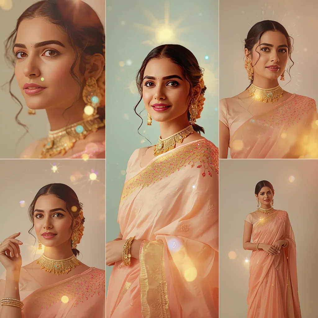 Golden Horizon Pulse Bloom Pastel Saree Indian Woman Luxury Composition | Aesthetic Saree Ai Prompt AI Prompt
