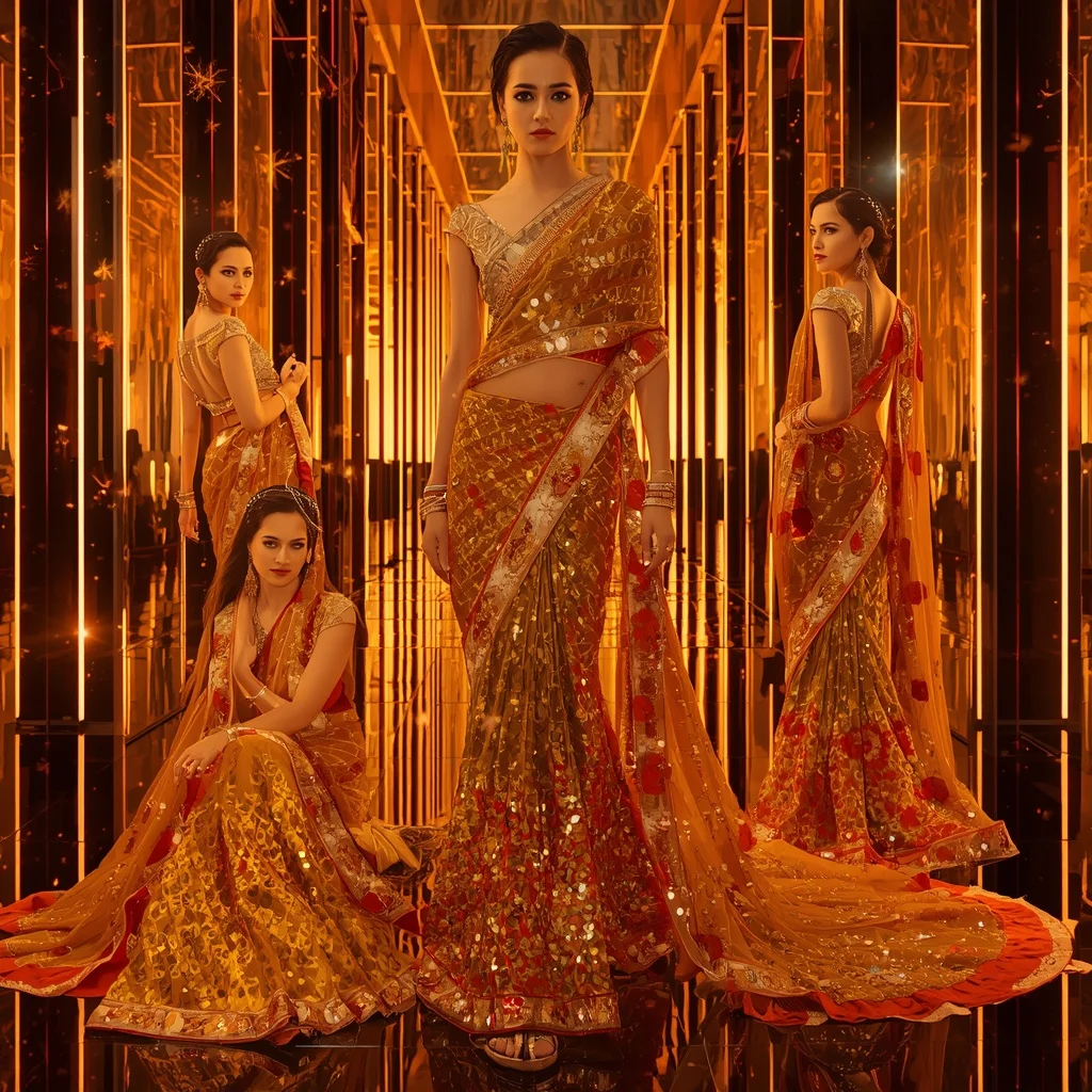 Golden Inferno Majesty Saree with Neon Reflection Palace | Anime Ai Prompt AI Prompt