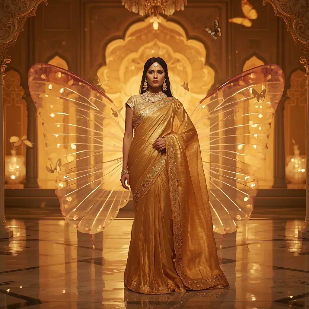 Golden Lotus Butterfly Flame Saree with Royal Fantasy Temple Background | Gemini Ai Prompt For Instagram AI Prompt