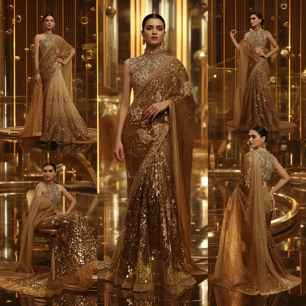 Golden Mirage Dynasty Saree with Floating Crystal Rings | Cinematic Ai Prompt AI Prompt