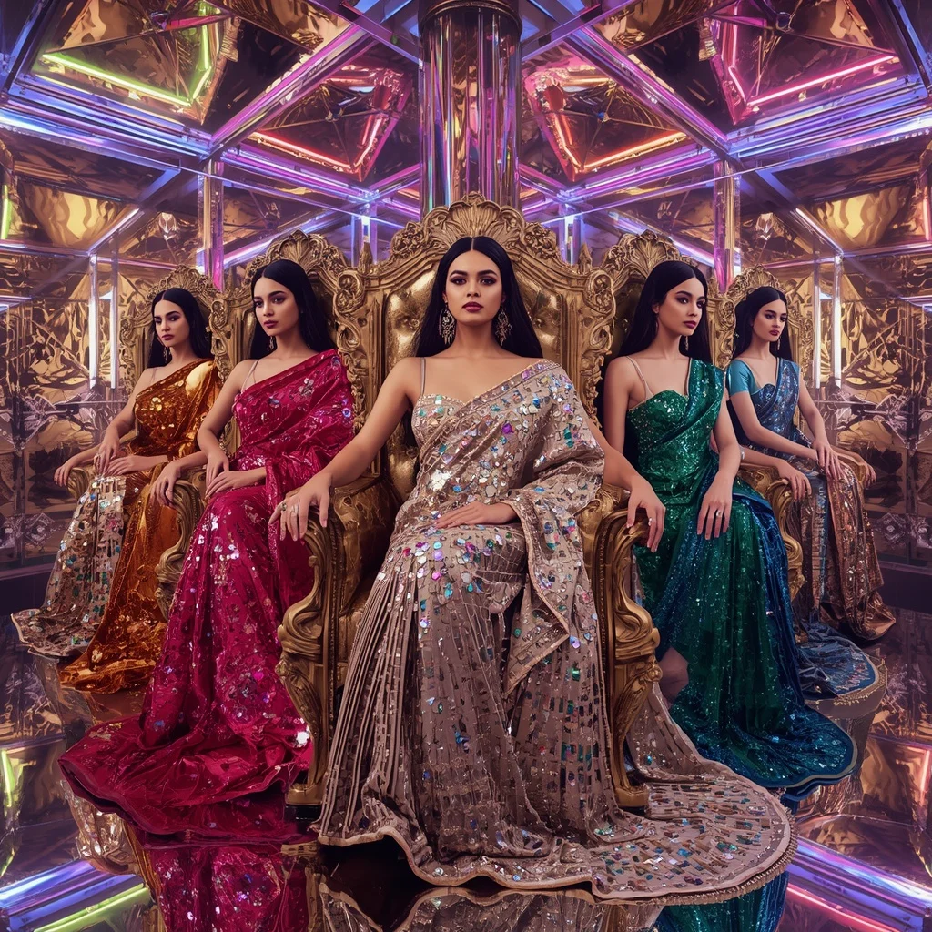 Golden Prism Celestial Infinity Hypergoddess Saree with Luxury Throne Poses and Holographic Neon Crystal Hypercube | Midjourney Prompt List AI Prompt