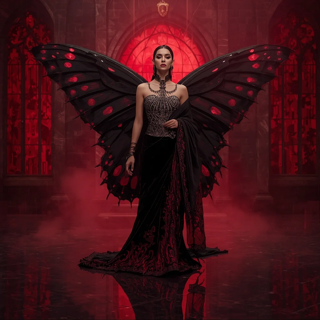 Gothic Black Diamond Butterfly Saree with Dark Crystal Palace Background | Lighting Ai Prompt AI Prompt