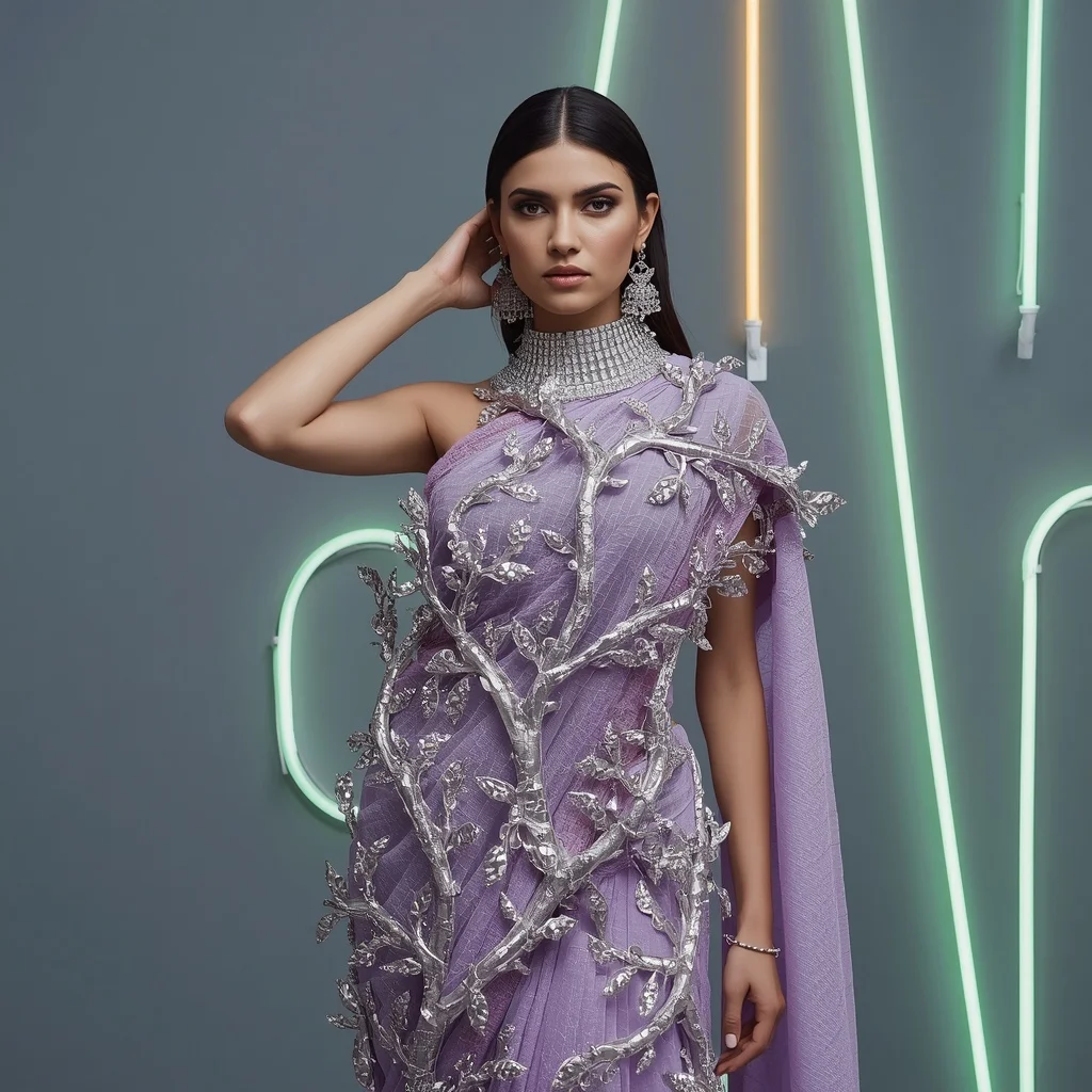 Heavy 3D Metallic Vine & Diamond Dust Crust Pastel Lavender Saree | Collarbone Choker Grip Pose | Modern Saree Ai Prompt AI Prompt