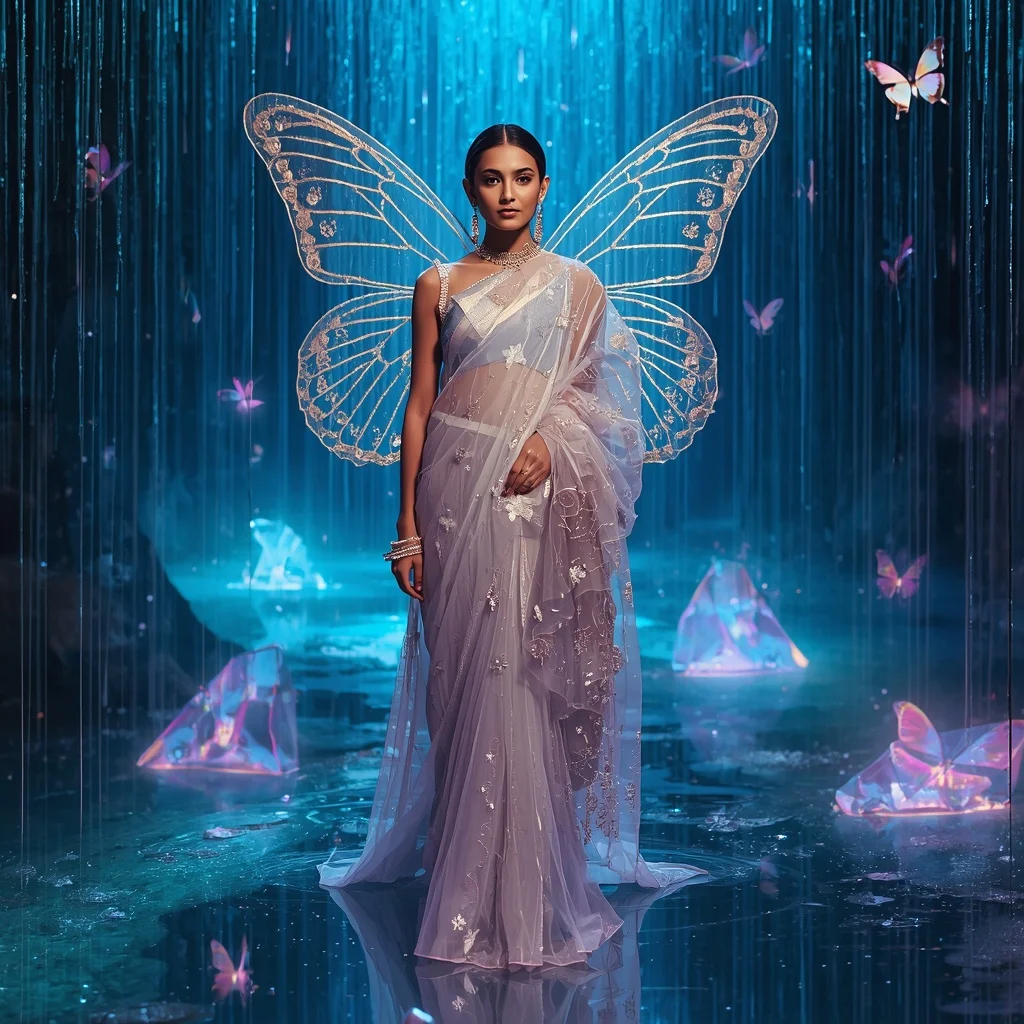 Holographic Butterfly Rain Saree with Neon Waterfall Fantasy Background | Anime Ai Prompt AI Prompt