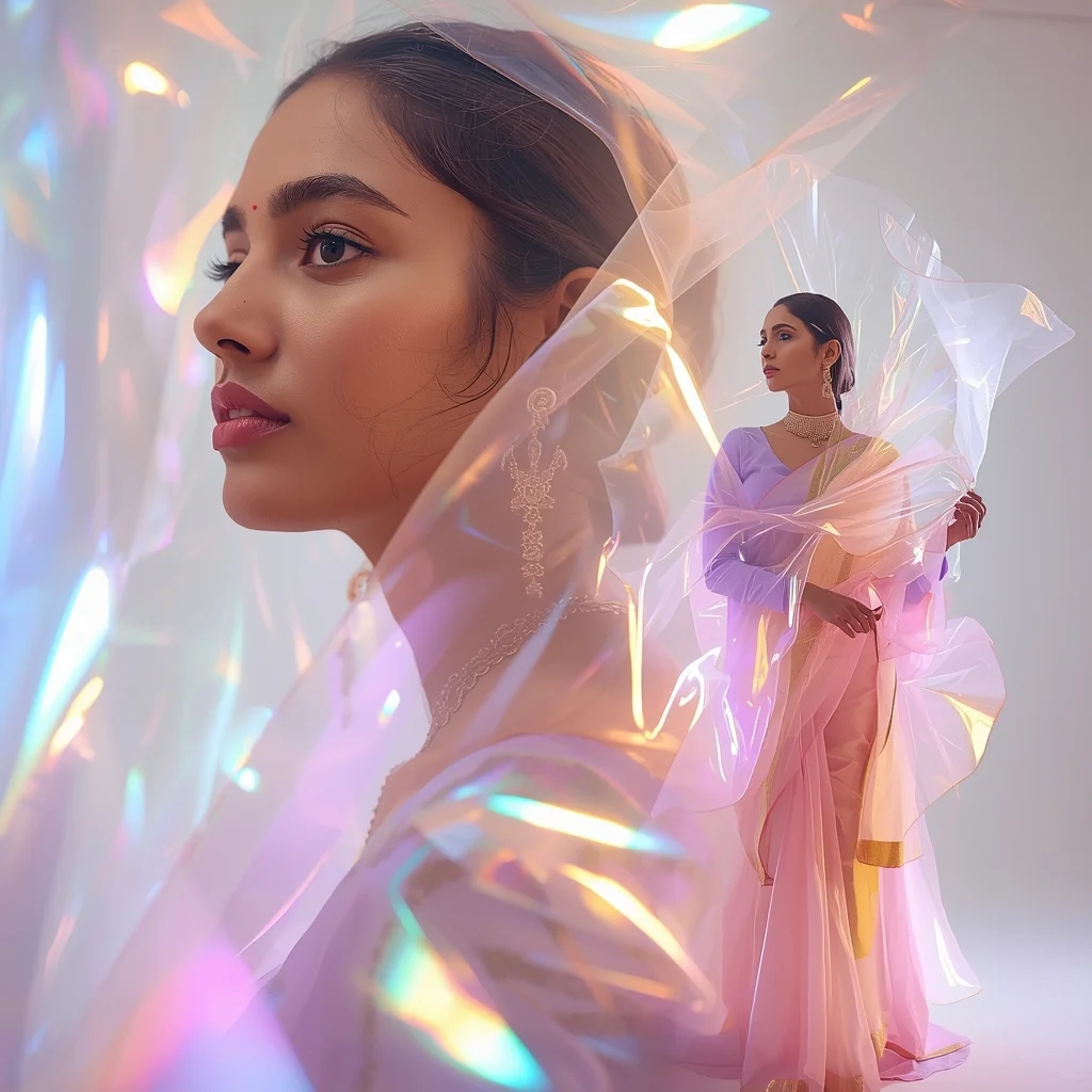 Holographic Light Veil Pastel Saree Image Prompt Futuristic Glow Fashion Cinematic Collage Saree Prompt | Saree Couple Ai Prompt AI Prompt