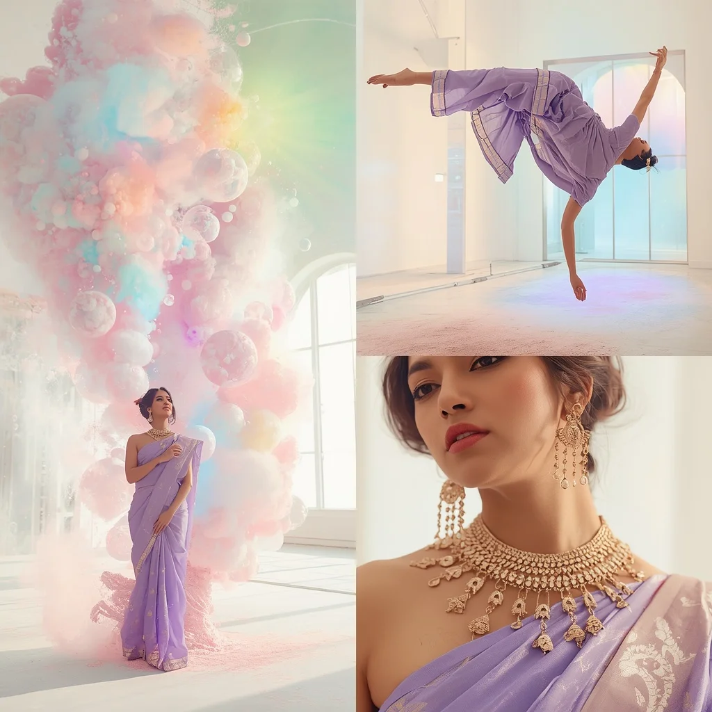 Hovering Bioluminescent Pastel Chalk-Dust | Saree Look Ai Prompt Modern Style AI Prompt