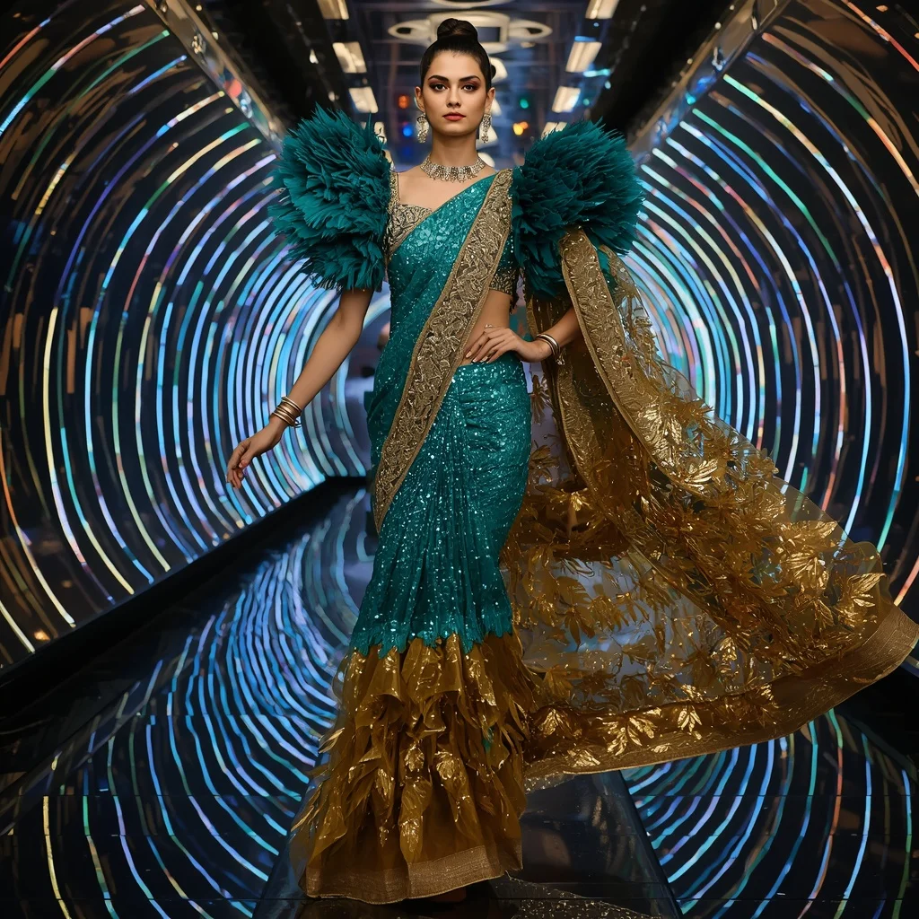 Liquid Gold Peacock Saree with Infinity Light Chamber | Beautiful Saree Girl Ai Prompt AI Prompt