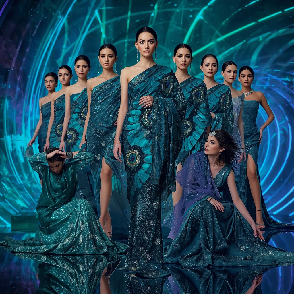 Liquid Peacock Eternal Saree with Multi Pose Editorial Story and Laser Prism Cosmos | Instagram Influencer Ai Prompt AI Prompt